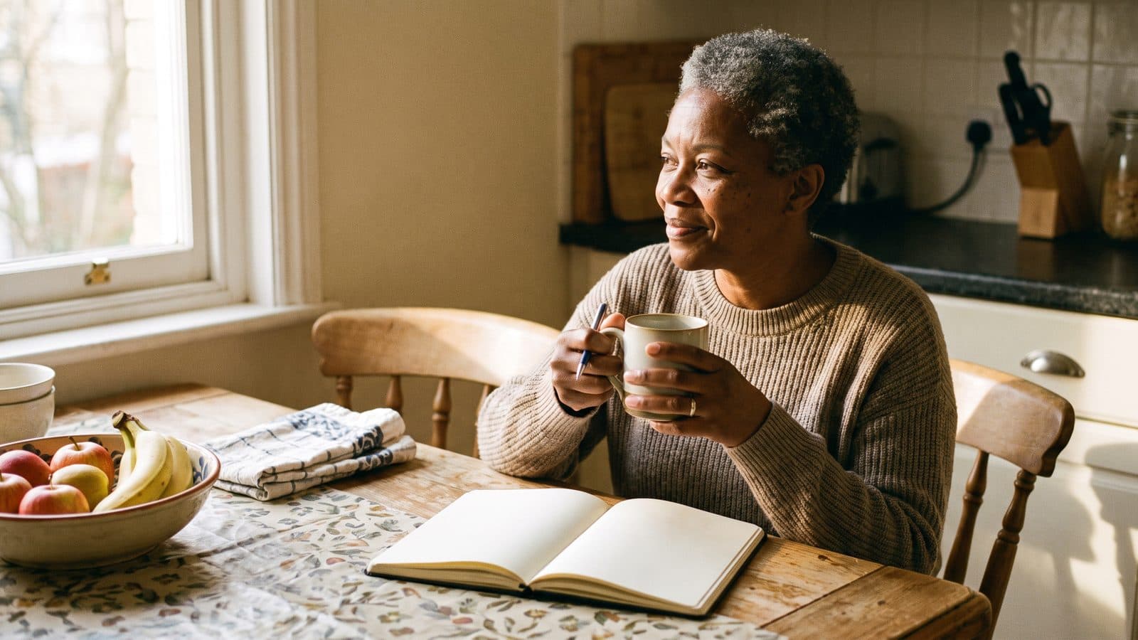 A woman at her kitchen table in the morning with a mug and an open notebook, planning her week.