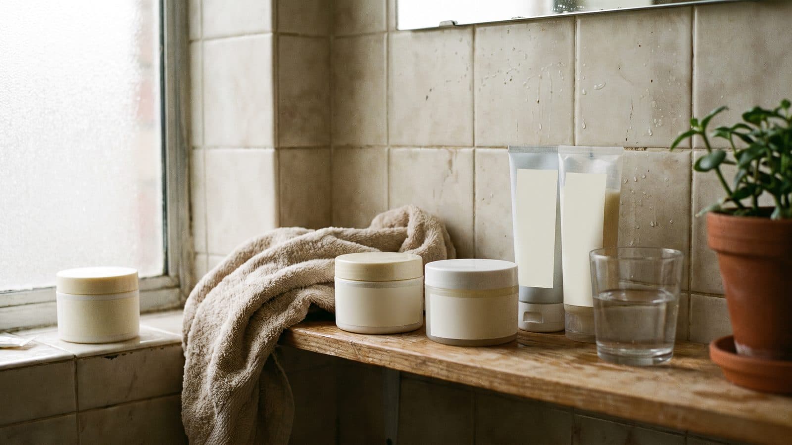 Plain unlabelled cream jars and tubes on a bathroom shelf beside a folded towel.