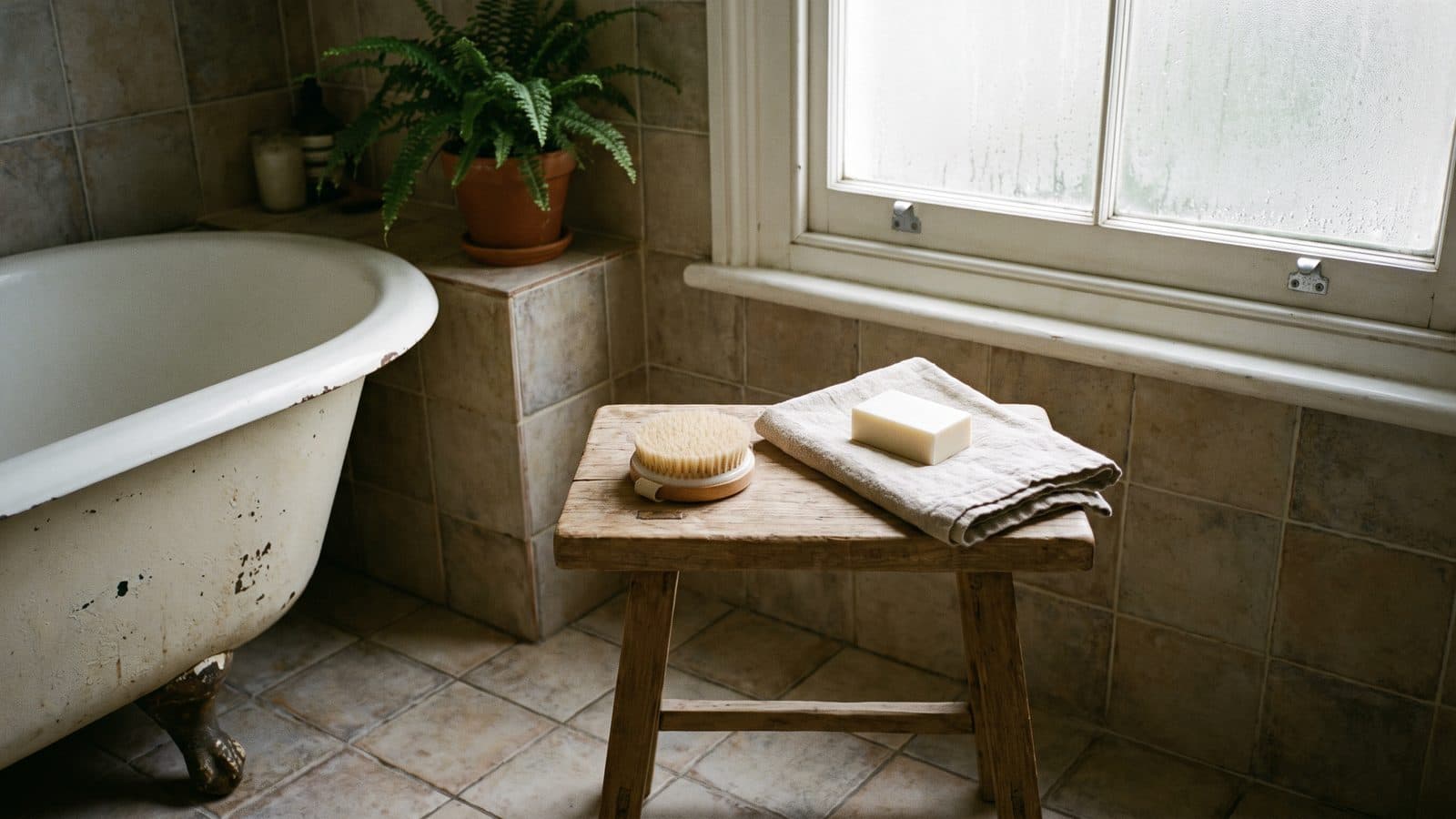 A wooden body brush, a folded linen towel and a bar of soap on a stool beside a bathtub.