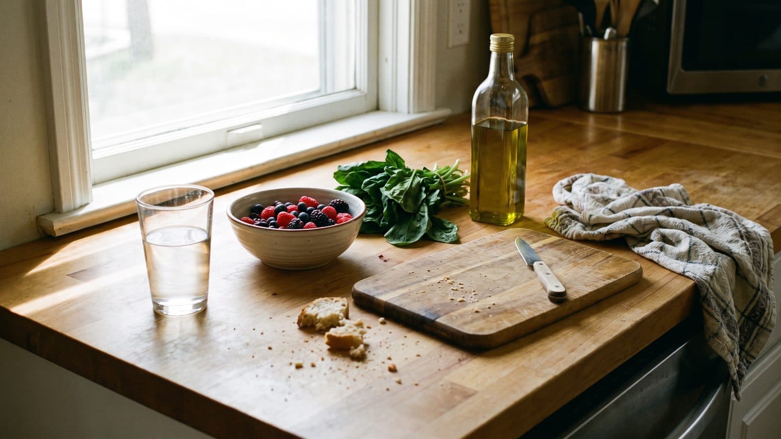 A kitchen counter in morning light with a glass of water, a bowl of berries, leafy greens and olive oil.
