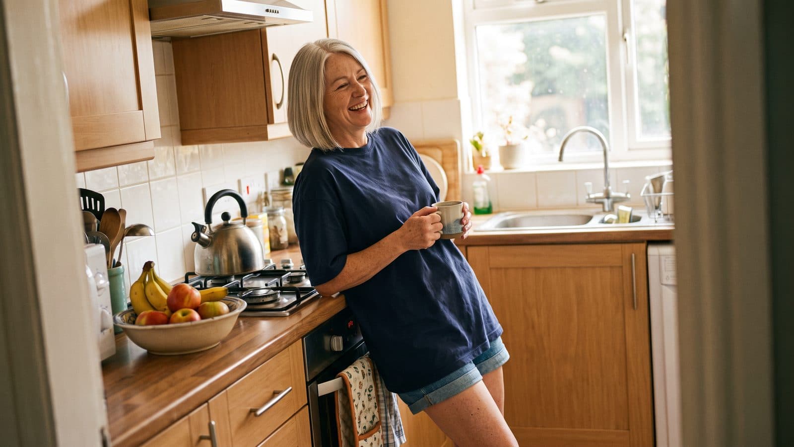 A woman leaning against her kitchen counter with a mug, laughing at something out of frame.