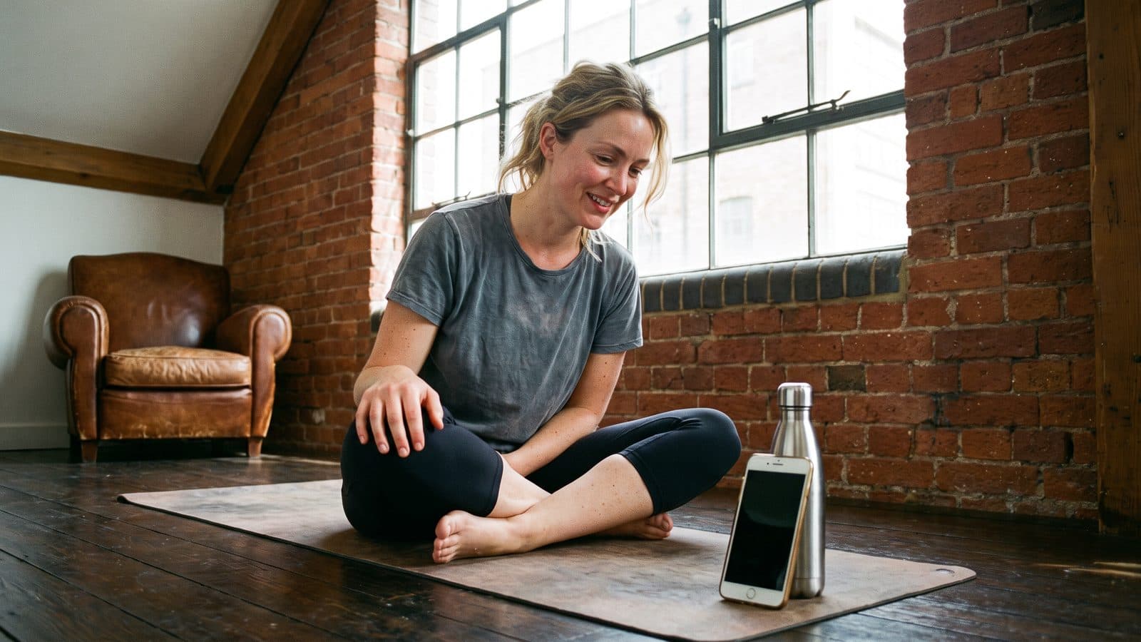 A woman sitting cross-legged on a yoga mat, looking at a phone propped against a water bottle.
