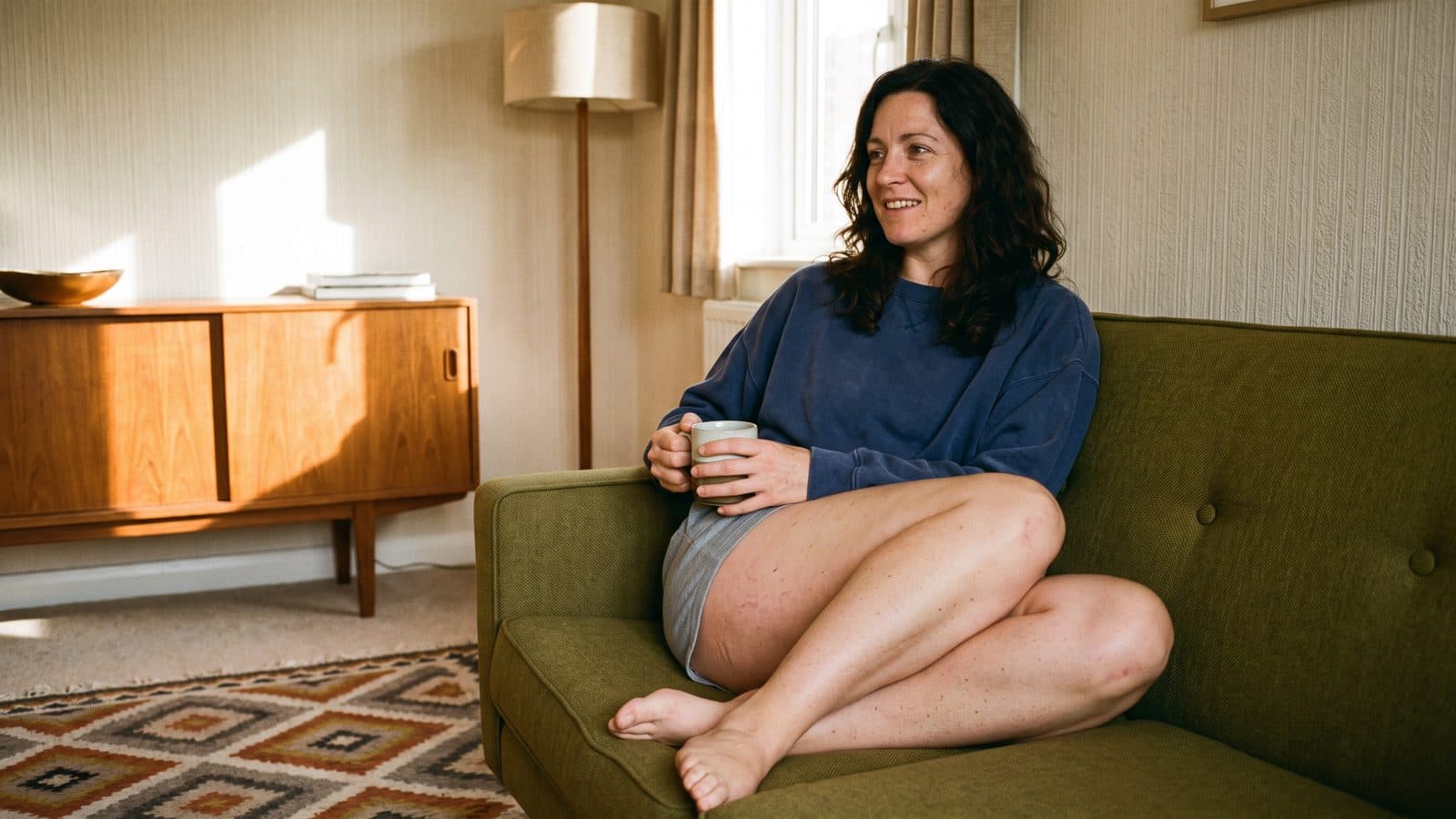 A woman sitting on her couch with a mug on a sunny afternoon, legs folded beneath her.