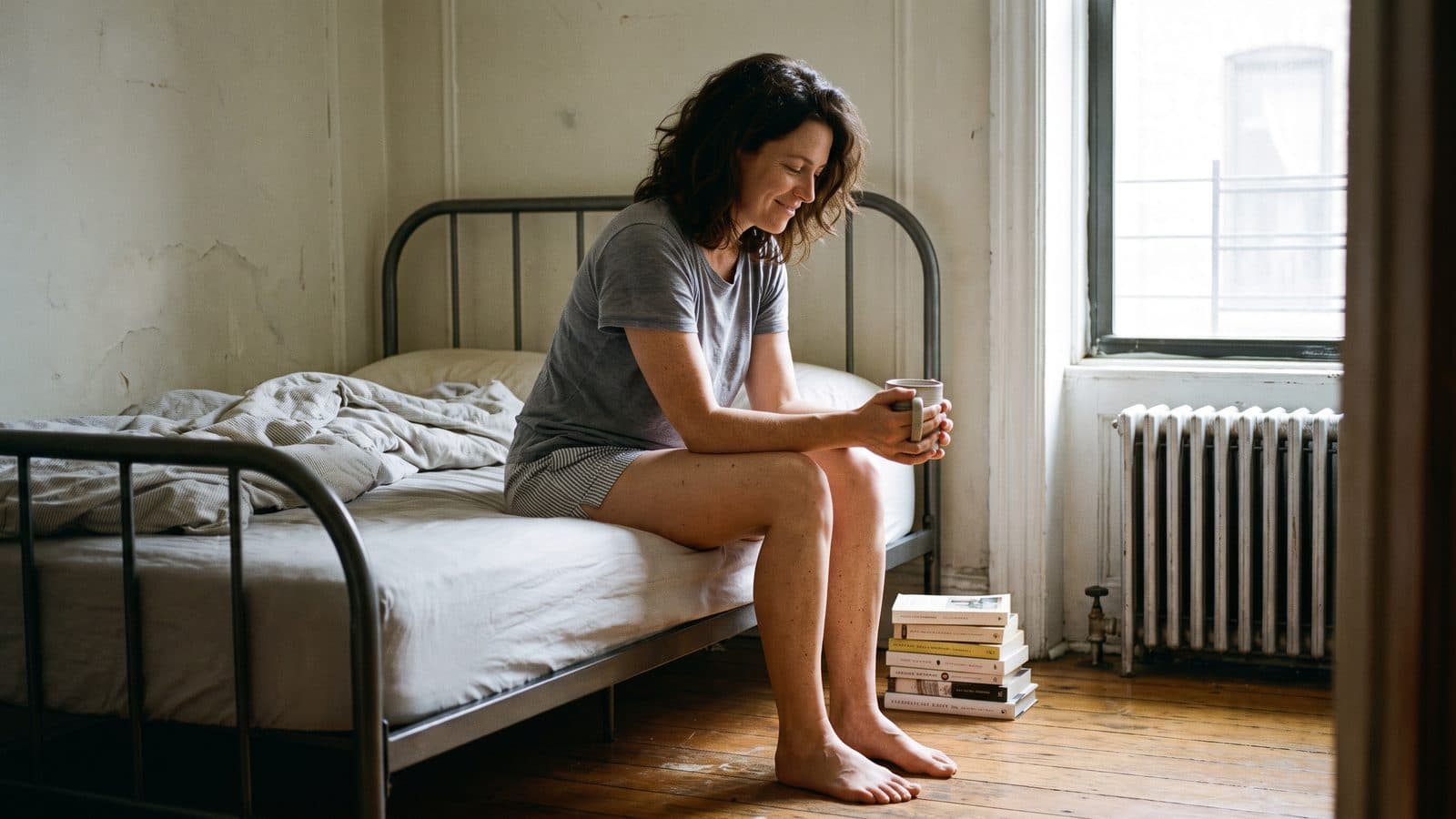 A woman sitting on the edge of her bed with a mug of coffee in the morning light.